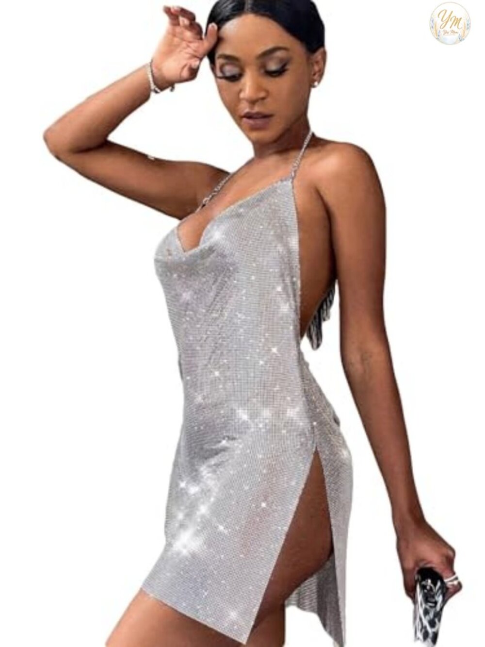 Metallic V Neck Backless Sequin Cami Party Dress Sleeveless
